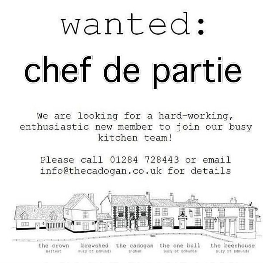 We are looking for a chef de partie to join our kitchen team. Great chance to work in an enjoyable kitchen environment producing fantastic food. Email your CV to info@thecadogan.co.uk #newjob #joboppotunity #chef #chefdepartie #ingham #burystedmunds #suffolk #suffolkjobs #foody