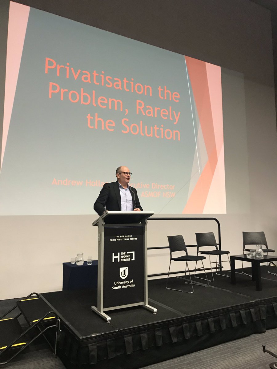 Andrew Holland from the Australian Salaried Medical Officers’ Federation (NSW) tells our forum @TheHawkeCentre “...there is no evidence in Australia that the privatisation of a public asset has delivered on the promises made when it was privatised.” #privatisation #saparli
