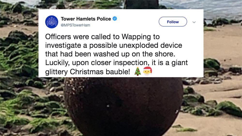 mashable's tweet image. Suspected unexploded bomb is actually just an enormous glittery bauble trib.al/qZpplc1