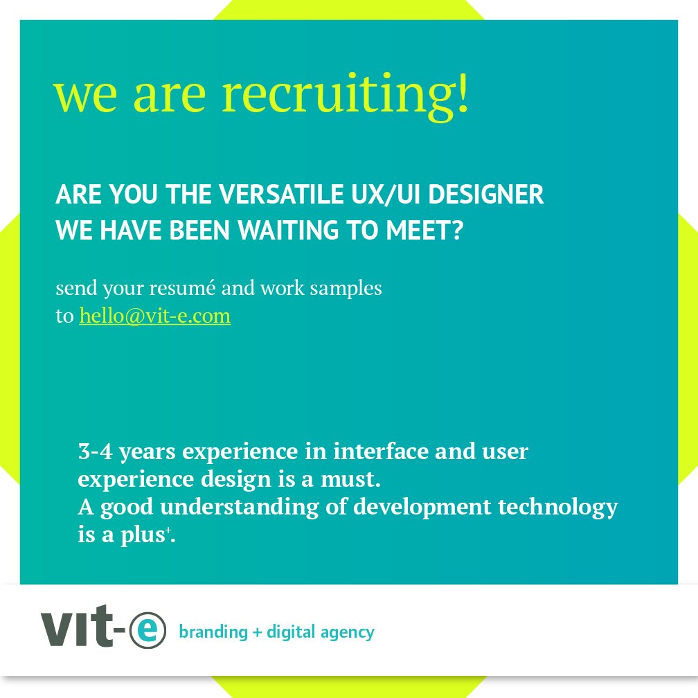 vit_e's tweet photo. @vit-e #branding &amp; digital agency has openings: #graphicdesigner, with 1-2 years exp. in #brand creation, editorial design and #interactivedesign.
#UXUI designer with 3-4 years exp. in interface &amp; user experience design. https://t.co/ecOgtJbIGQ  #Jobs #lebanon https://t.co/0wo85XNJHS