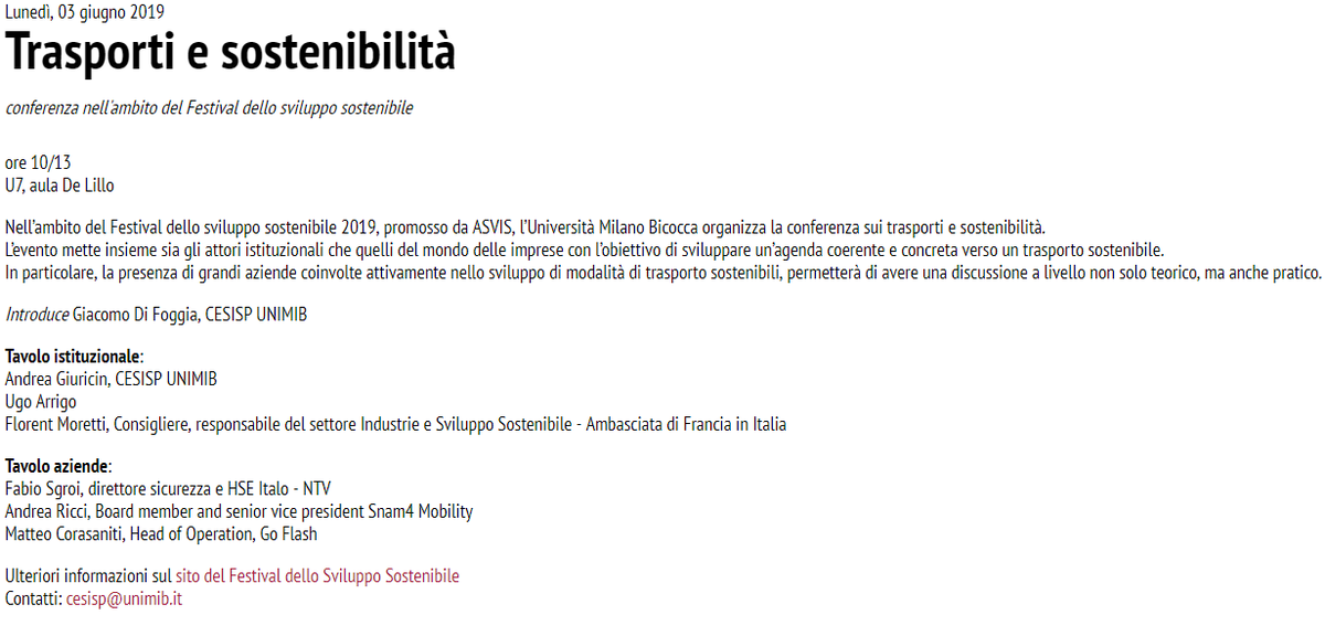 AndreaGiuricin's tweet image. In @unimib a Milano, il 3 giugno 2019, per #FestivalSviluppoSostenibile una conferenza gratuita su "Trasporti e sostenibilità" con
@ugoarrigo
@FranceenItalie 
@ItaloTreno 
@snam 
#GoFlash
Parleremo di esempi stranieri, ruolo dei maggiori player del settore e mobilità integrata.