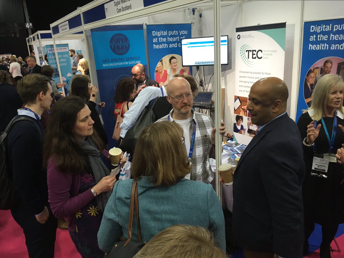 stevebaguley's tweet image. A real buzz at the @DigiCare4Scot @ndsscotland stand #77 at #nhsscot19 as @GeoffHuggins, @DigitalSamPatel and @docpaulmiller discuss the National Digital Platform and #respectprocess