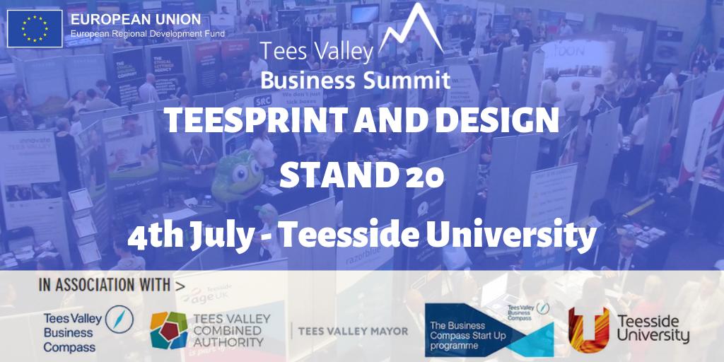 TeesVBSummit's tweet photo. If you visit stand 20 at #teesvbsummit 2019, on Thursday 4th July, you'll find @Teesprint waiting to talk to you! Find us at @TeessideUni https://t.co/HfWhBTr9W1