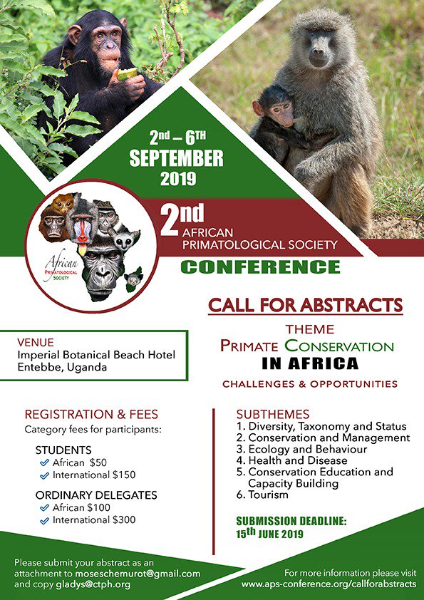 #ConservationNews

The Second African #Primatological 🦍 Society Conference is set for 2nd - 6th September 2019 at Imperial Botanical Beach Hotel, Entebbe, 🇺🇬.

Theme: Primate Conservation in Africa, Challenges & Opportunities

#VisitUganda the #PrimateCapital of the World