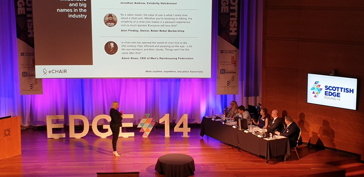 A brilliant start to the second batch of today's pitchers with Jo of e-chair pitching her online platform for hairdressers and barbers to our panel... because they're worth it! #EDGE14.