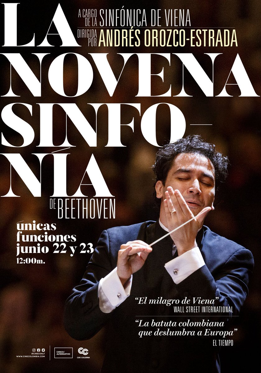 Pia_Barragan's tweet photo. ¿Qué novedades le puede aportar un colombiano a la reconocida 9a Sinfonía de Beethoven? Descúbranlo en el concierto de San Silvestre, de la Orquesta Sinfónica de Viena, bajo la dirección de #AndrésOrozcoEstrada y que se verá en cines el 22 y 23 de junio, en 11 ciudades del país. https://t.co/6LfhDl69TF