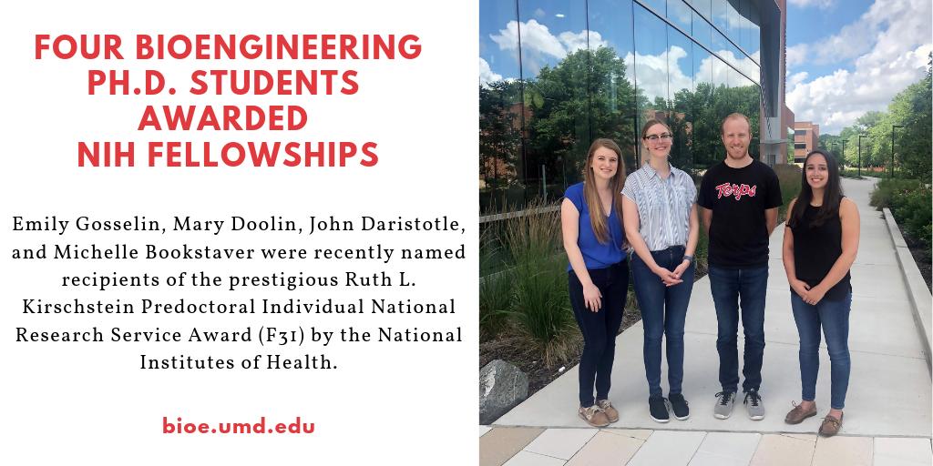 UMD Bioengineering (@umdbioe) on Twitter photo Four #Bioengineering Ph.D. students were recently named recipients of the prestigious #NIHF31 fellowship. They were recognized for research on #multiplesclerosis, idiopathic pulmonary fibrosis, sprayable surgical sealants, & #vaccine design, respectively. bioe.umd.edu/news/story/fou… Four #Bioengineering Ph.D. students were recently named recipients of the prestigious #NIHF31 fellowship. They were recognized for research on #multiplesclerosis, idiopathic pulmonary fibrosis, sprayable surgical sealants, & #vaccine design, respectively. bioe.umd.edu/news/story/fou…
