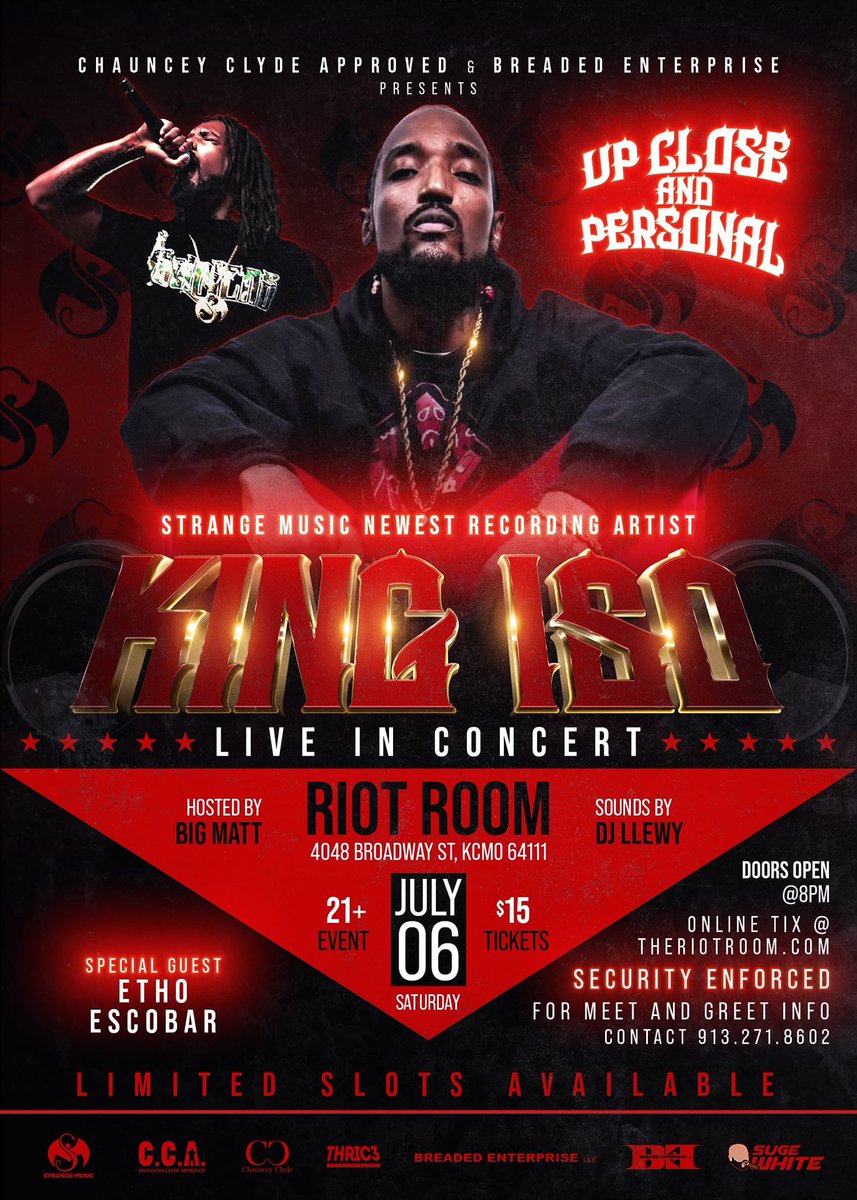 StrangeMusicST's tweet photo. Live in Kansas City! Newly signed Strange Music Artist King ISO! July 6, 2019, at The Riot Room! Get your tickets now!

https://t.co/8Tm5yQ7Lc4 https://t.co/yFFjNLPKmR