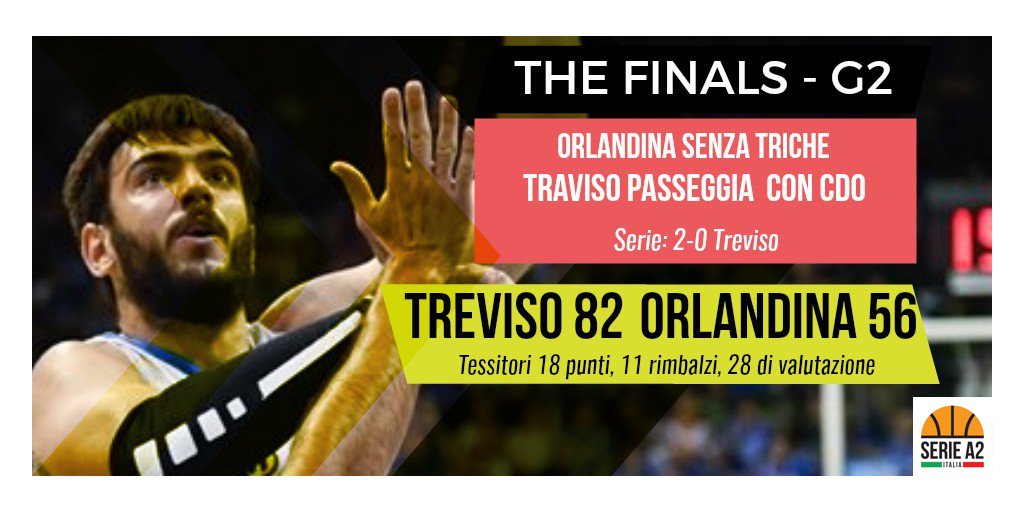 ++ TREVISO AD UN PASSO DALLA SERIE A ++

Non c'è storia in G2, <a href="/treviso_basket/">Treviso Basket</a> domina anche il secondo atto delle Finali spinta dal secondo tutto esaurito al PalaVerde.

Per l'Orlandina troppo pesante l'assenza di Brandon Triche, out per un problema al ginocchio.