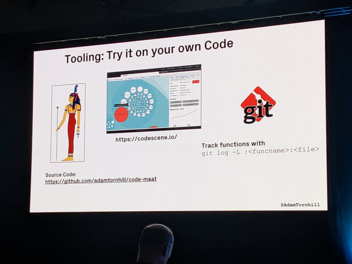 Great talk from <a href="/AdamTornhill/">Adam Tornhill</a> at #OReillySACon on identifying hotspots for technical debt based on code change frequency. Codescene looks like a really interesting tool!