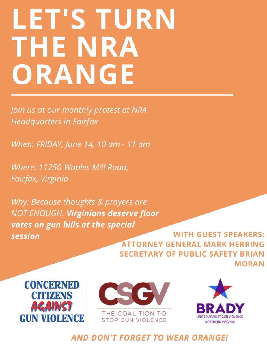 eve_levenson's tweet photo. 📢 DMV &amp; VA Friends:

Join @bradybuzz @CSGV and Concerned Citizens Against Violence this weekend to turn the NRA orange!

#WearOrange #EndGunViolenceTogether #ENOUGH #VAPolitics https://t.co/mjHfbcRSFx