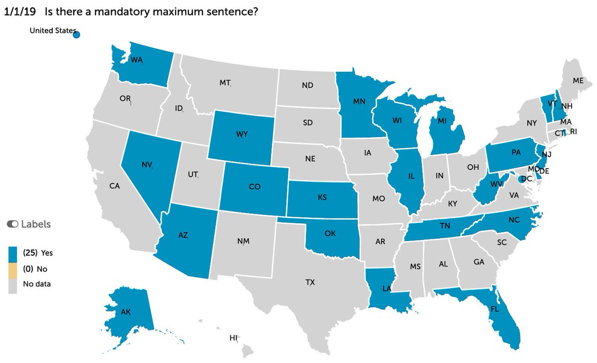 PDAPSbyCPHLR's tweet image. Of those states with drug-induced homicide laws, 18 have mandatory minimum sentences and 24 have a mandatory maximum sentence. Check out more here: pdaps.org/datasets/drug-…