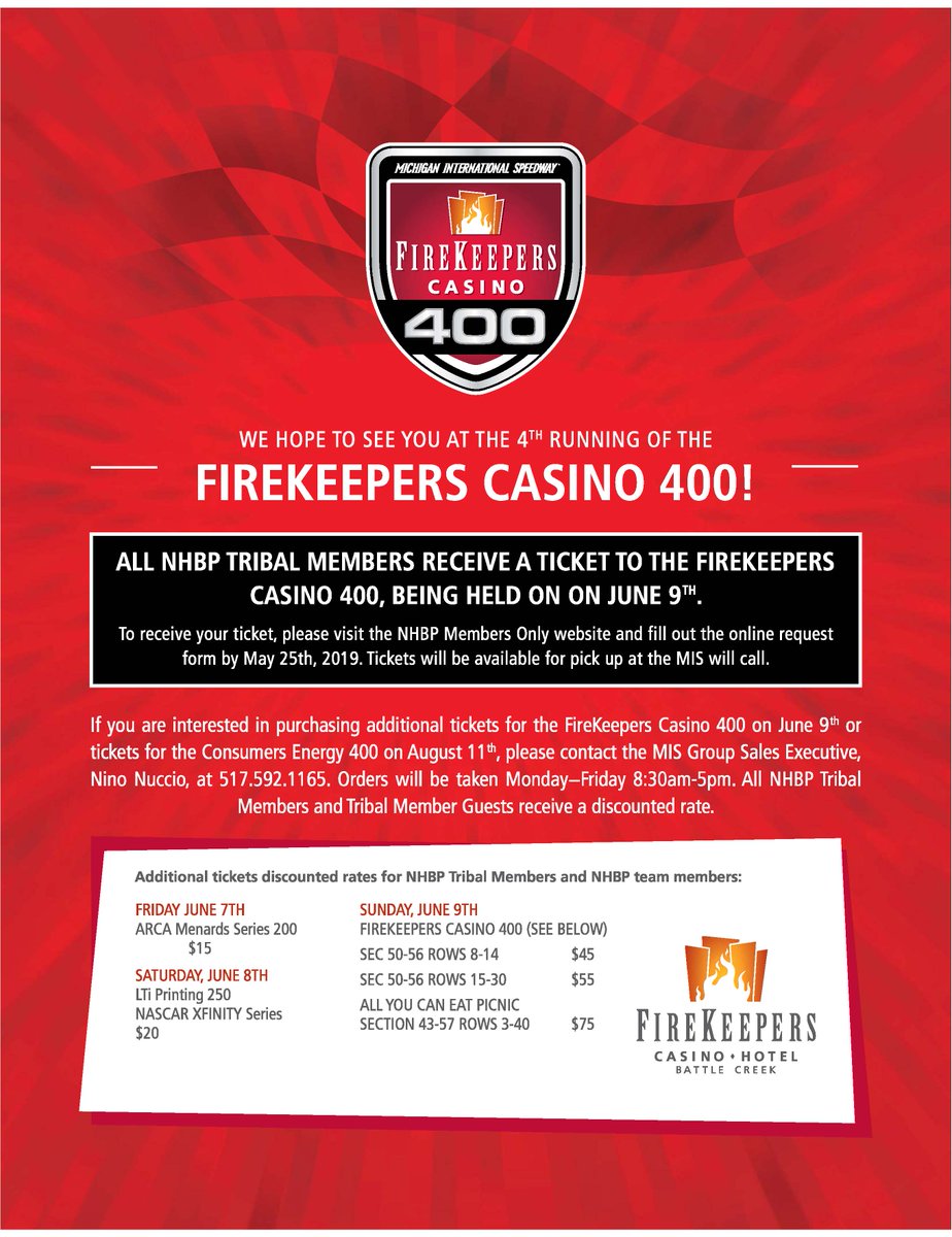 nhbpi's tweet photo. All NHBP Tribal Members are able to receive a ticket to the FireKeepers Casino 400 on June 9. To receive your ticket, please visit the Members Only website and fill out the online request form by May 25. Tickets will be available at the MIS will call. https://t.co/wxrzrctKVV