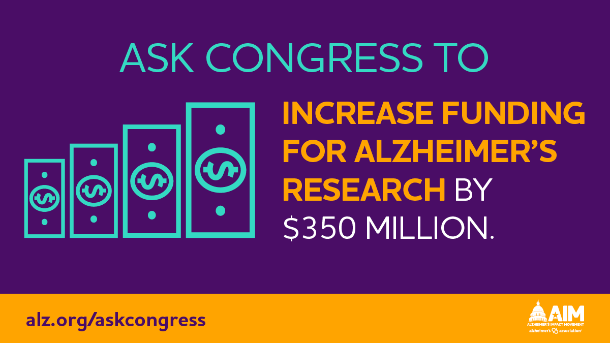 ALZIMPACT's tweet photo. As Congress continues to consider fiscal year 2020 appropriations bills in the coming weeks, join us in calling on your members to join the fight to #ENDALZ and support an additional $350M for Alzheimer’s and dementia research at the NIH! https://t.co/1wV3dYp3pX https://t.co/zgzfsLkHJL