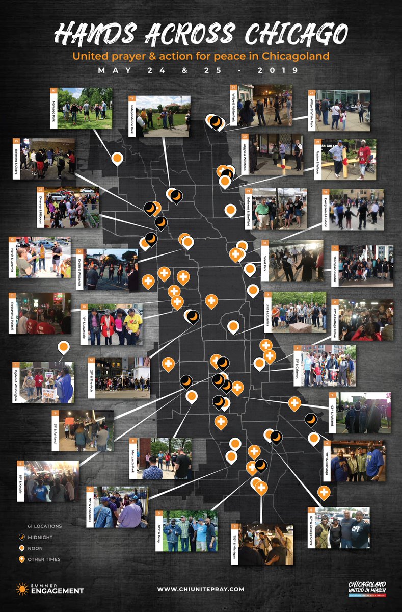 Hands Across Chicago 2019 summary graphic 🙌

61 locations of united prayer &amp; presence on Memorial Day weekend.

More #HandsAcrossChicago photos: chiunitepray.com/hands-across-c…

Ongoing prayer &amp; positive community presence events: chiunitepray.com/events #pray #faithinaction #Chicago
