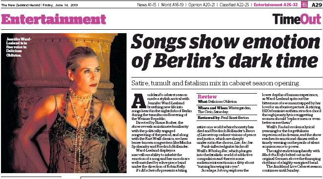 Review, DELICIOUS OBLIVION: "Jennifer Ward-Lealand breathing new life into songs … Ward-Lealand displays a marvellous ability to inhabit the emotion of a song and her shifting moods are well matched by a lively five piece band"/NZ Herald
Read it here: bit.ly/2KSQbDj