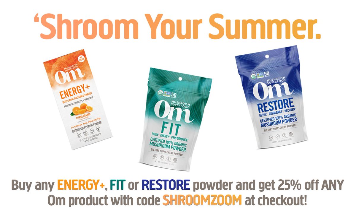 #shroomyoursummer is in full effect! Get 25% off ANY Om product when you purchase our Energy+, Fit, or Restore powders on ommushrooms.com! 🍄✨ #flashsale #ommushrooms #functionalmushrooms