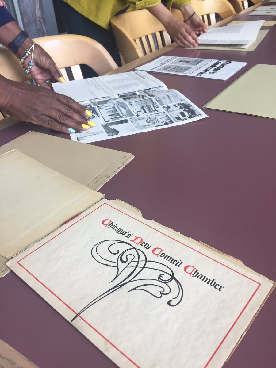 CHIdocumenters's tweet photo. Documenters and @city_bureau staff are taking a tour of City Council from the Great Fire to today via the Harold Washington Library’s Special Collection archive—thanks for having us @chipublib! https://t.co/vxBOxvLPvB
