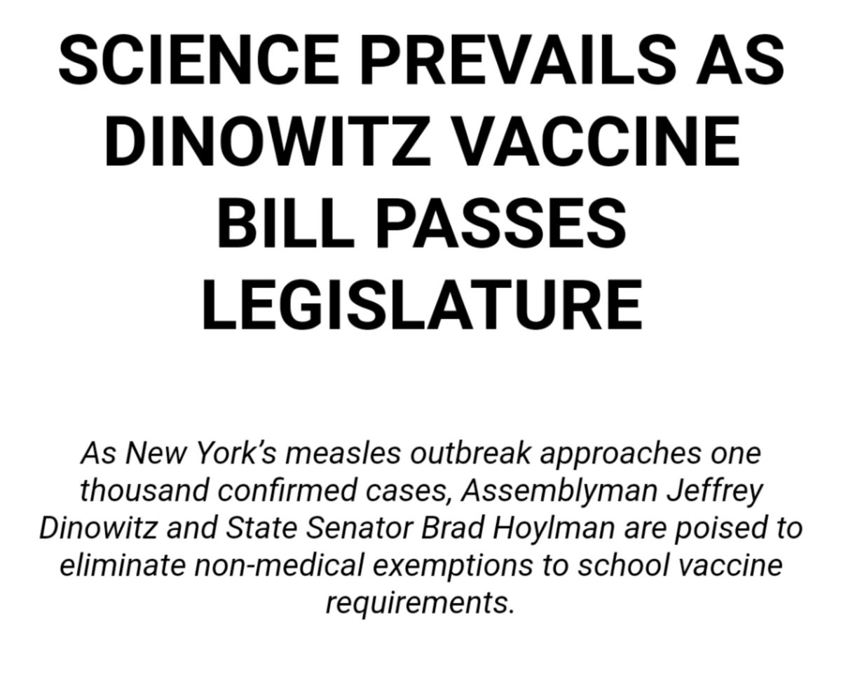 Assemblyman Jeffrey Dinowitz (@jeffreydinowitz) on Twitter photo I am incredibly proud that science has won with the passage of this bill. This will not be the end of our efforts to combat the ongoing measles outbreak, but it is an important step.
Thank you especially to @CarlHeastie, <a href="/bradhoylman/">Brad Hoylman-Sigal 🌈🥯</a>, and the advocates who helped get this done. I am incredibly proud that science has won with the passage of this bill. This will not be the end of our efforts to combat the ongoing measles outbreak, but it is an important step.
Thank you especially to @CarlHeastie, <a href="/bradhoylman/">Brad Hoylman-Sigal 🌈🥯</a>, and the advocates who helped get this done.