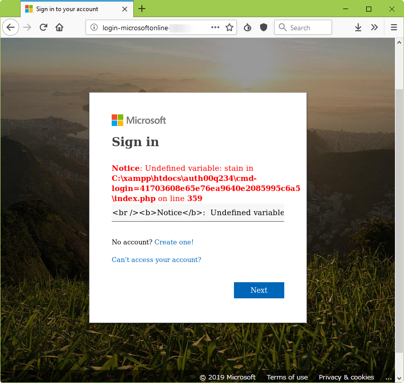 When an undefined variable error reveals the full access path of the malicious web application.
#phishing