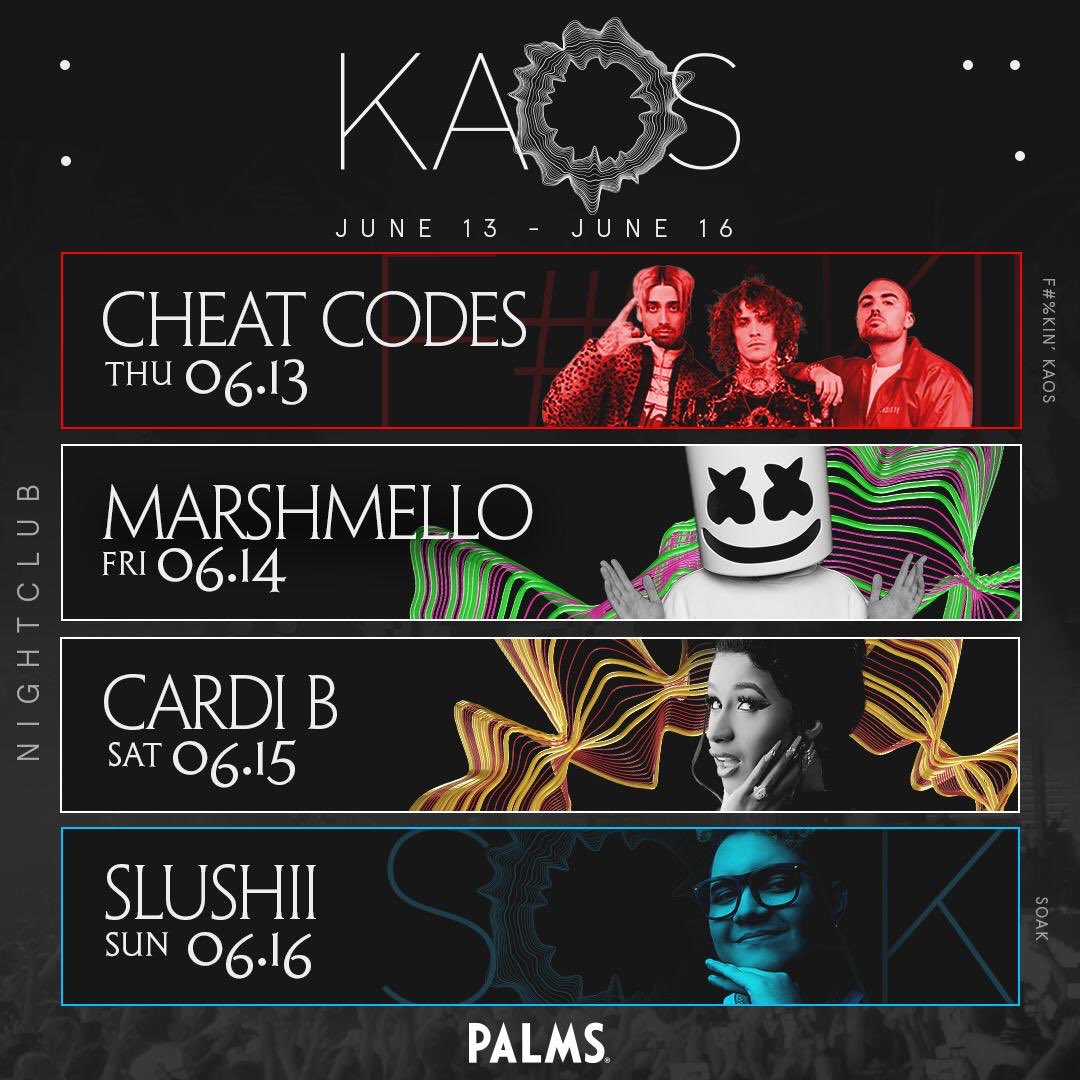 KGuestlist's tweet photo. It’s time for another wild weekend at KAOS  Nightclub! @KAOSVegas
This is our week lineup: 
06.13 THU - @cheatcodes
06.14 FRI - @marshmellomusic 
06.15 SAT - @iamcardib 
06.16 SUN - @slushiimusic  
RSVP your VIP tables with bottle service or guestlist at https://t.co/dP6UG8etB6 https://t.co/SCBg1Aij66