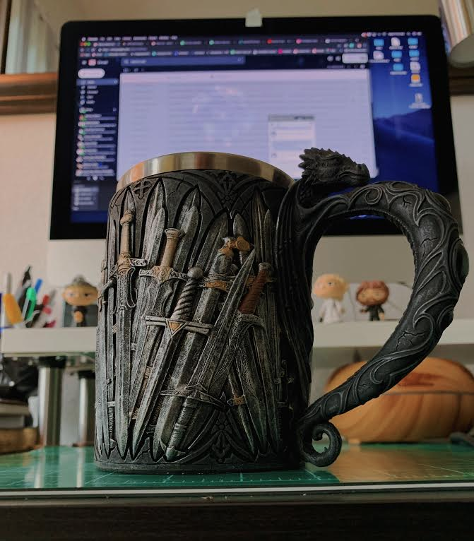 GhostLightTweet's tweet photo. A thousand blades of our enemies, forged in the fire of a burning-hot coffee, the Tankard is finally here! 

Remember our office @GameOfThrones survivor bracket competition? Well, @dannybmcd 's grand prize has officially arrived. #ForTheThrone https://t.co/nq0vDm7yxD