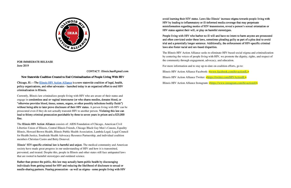HIVActionIL's tweet photo. FOR IMMEDIATE RELEASE: The Illinois HIV Action Alliance is a new statewide coalition of legal, health, policy organizations, and other advocates - launched today in an organized effort to end HIV criminalization in Illinois. https://t.co/kpCyA6bbv5