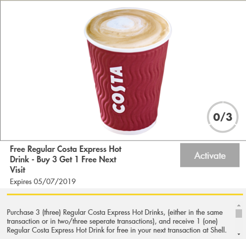 Srowell3's tweet image. Completely pointless offer. I havent bought one costa coffee let alone ever getting round to 3 in the next 3 weeks! The old scheme was much better.

#shellgo @Shell @Shell_UKLtd
