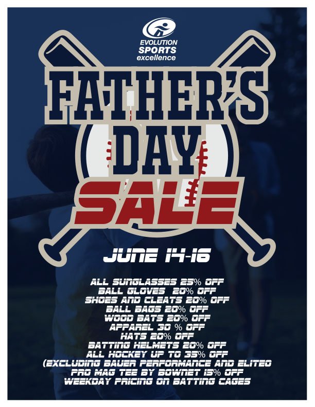 Dad's the word this weekend at Evolution Sports! Our Father's Day sale starts tomorrow and runs till Sunday. Stop by and save BIG on Ball Gloves, Shoes &amp; Cleats, Apparel, Hockey Gear &amp; More! 😎#Leduc #FathersDay #sale #YEG