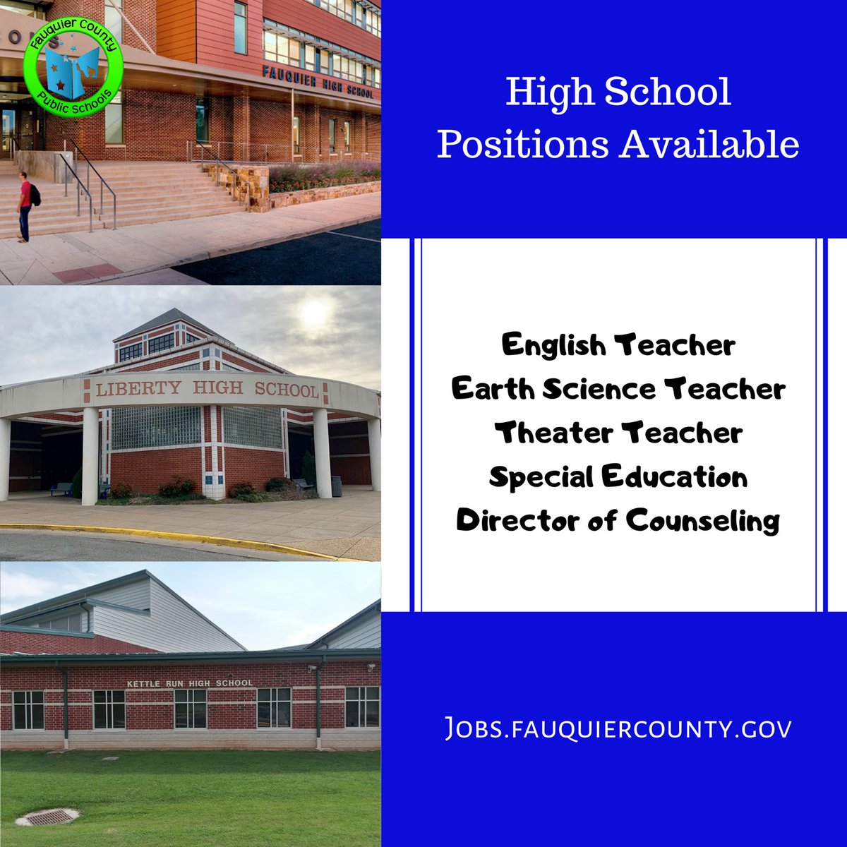 Many teaching opportunities still available in our High Schools! Everything from English to Science! Find your place in our group of amazing educators! Visit Jobs.fauquiercounty.gov for a full listing of vacancies!
#fcps1kidsdeserveit 
#secondaryteachers