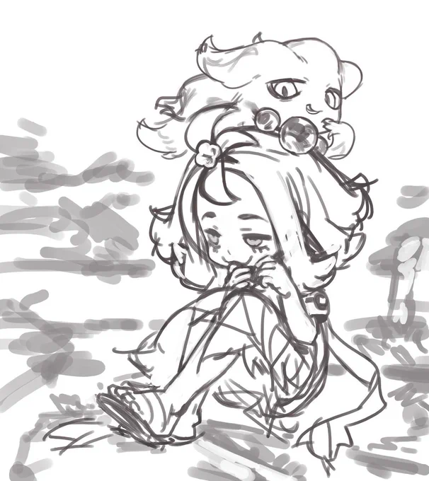 アセロラとムウマ、進捗こんな感じです～
綺麗な曇り空が描きたかったのです。
#pokemon 