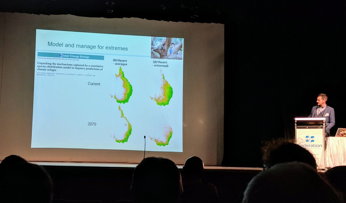 LeeTheEcologist's tweet photo. Prof. @BrenWintle gives us another to do list for halting extinction in Aust. ✓Spending on threatened species works so do it. 
✓Extremes are the new norm. Model &amp; manage for them. 
#BXB19 https://t.co/9cnM9EdXpA