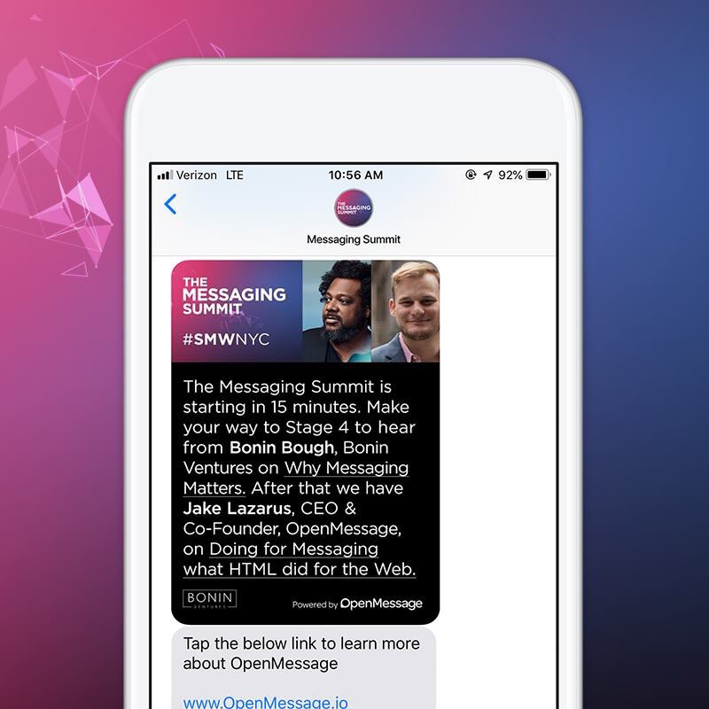 openmessageio's tweet photo. Here is a fun message that we designed in-house for the Messaging Summit at @socialmediaweek in NYC. Mobile messaging is a great way to help attendees navigate a large scale conference or event. #mobilemessagedesign #openmessage #textmessagedesign https://t.co/iWfCnFf7Tn