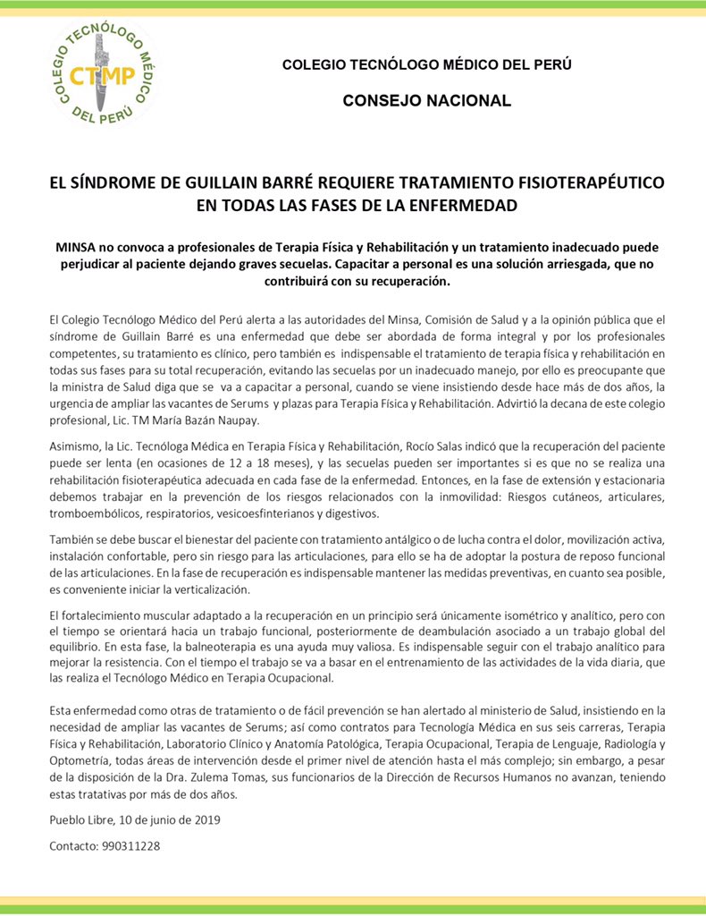 thectmp's tweet photo. @24HorasTV Tratamiento de Terapia Física es indispensable para la recuperación del paciente con Guillain Barré, no se puede capacitar a personal arriesgando a dejarlo con secuelas. Hay profesionales y Minsa debe convocarlos.#SaludSinRiesgo https://t.co/yAftFFPFWv