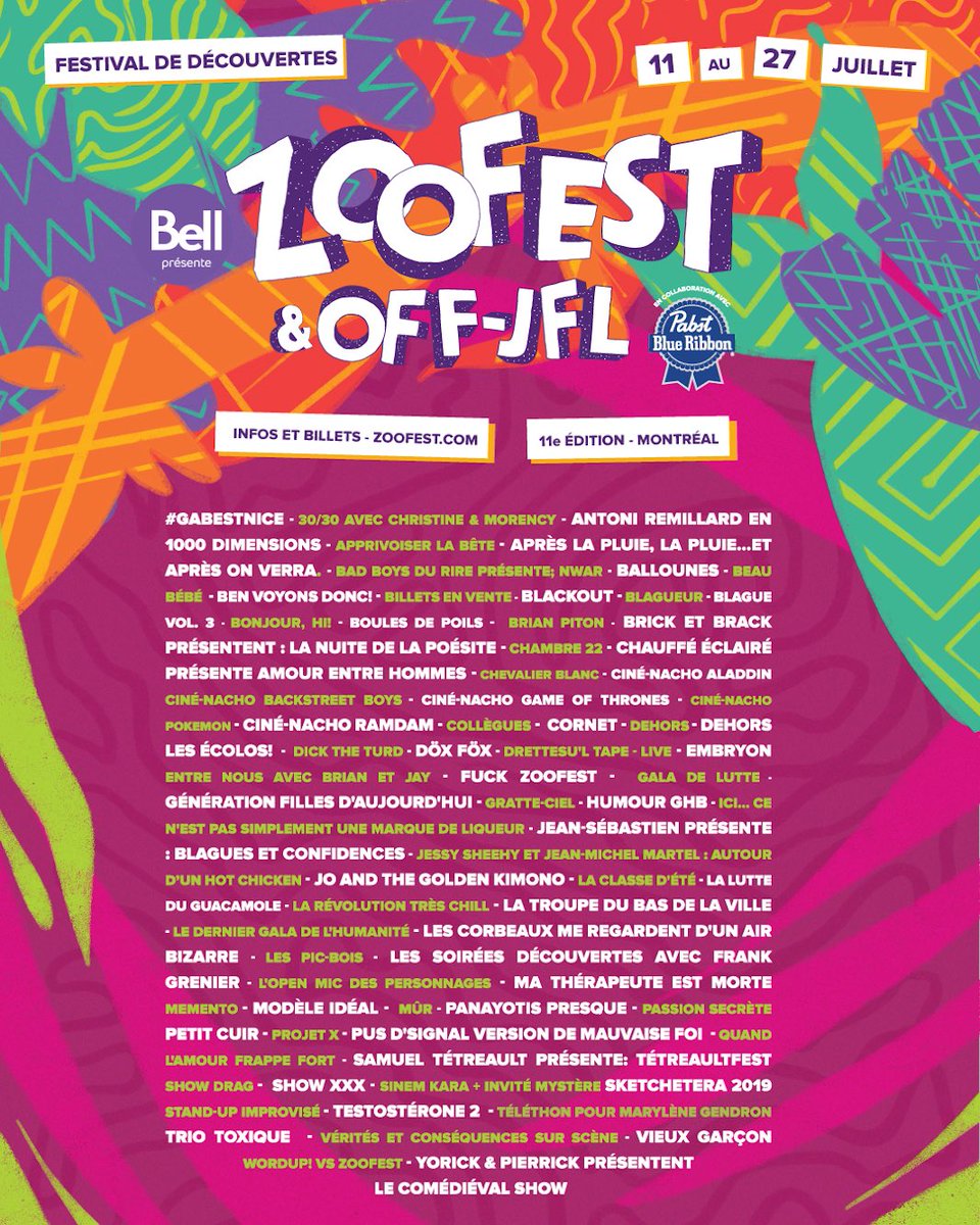 La programmation Zoofest 2019 est arrivée! 
Les passes sont juste ici: zoofest.com/Home/Passes