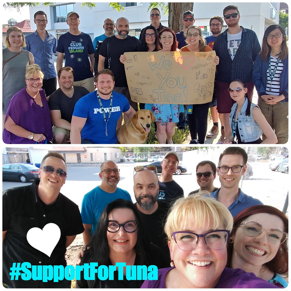 IslandQueenJen's tweet photo. It's not quite the same as when we were all at HQ... However, we were able to get Penguins together to show our love and support for our favourite Tuna/Tina. 🐟💙

@XTlNAX  We hope that you can feel the love that we're sending you from Kelowna. ❤️🐟

#SupportForTuna #LoveForTuna https://t.co/f1H4cERRK1