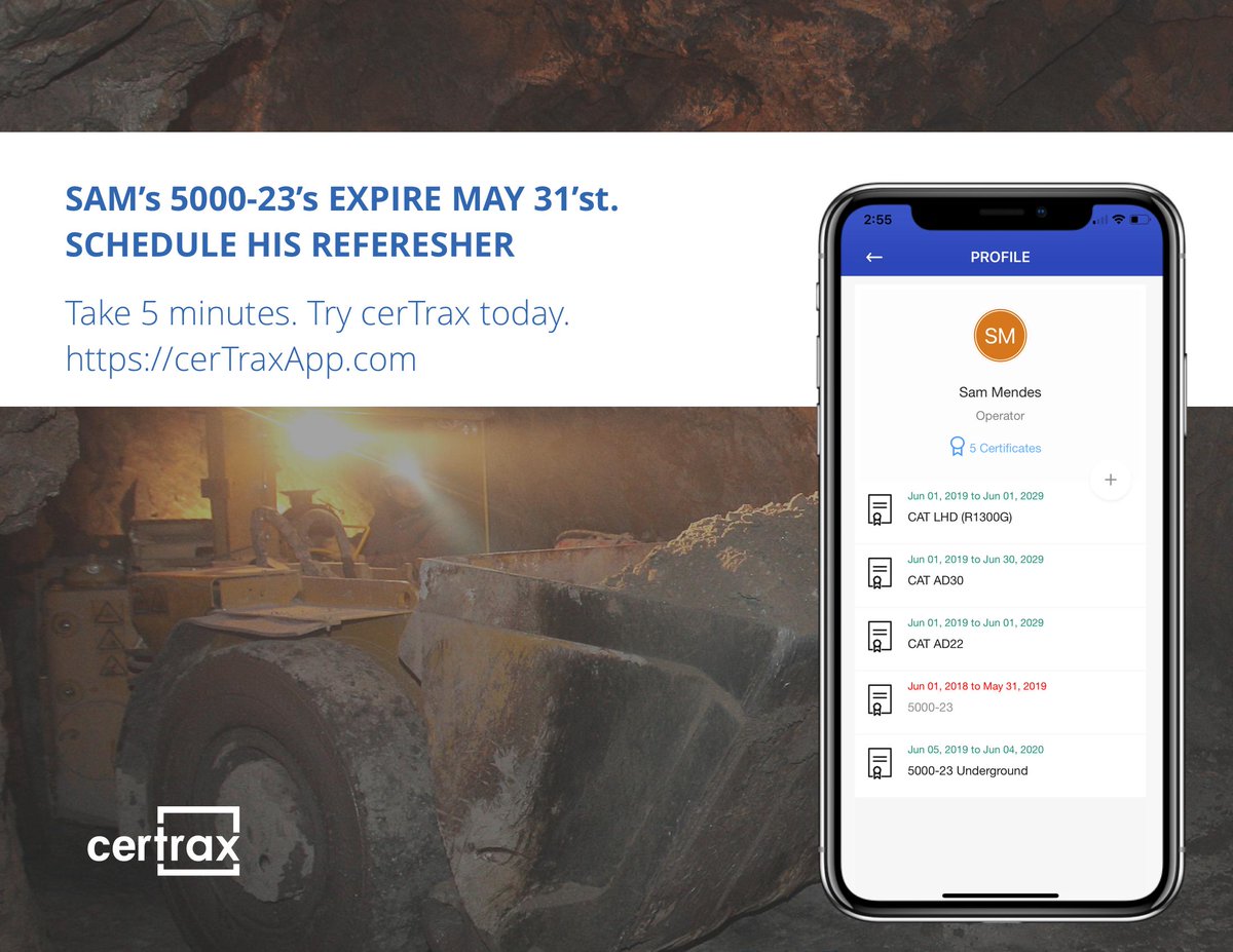 Never let another 5000-23 lapse in your mine. Never risk mine safety or compliance again with the power of cerTrax. Check out cerTraxApp.com to learn more.
#DigitalTransformation #mining