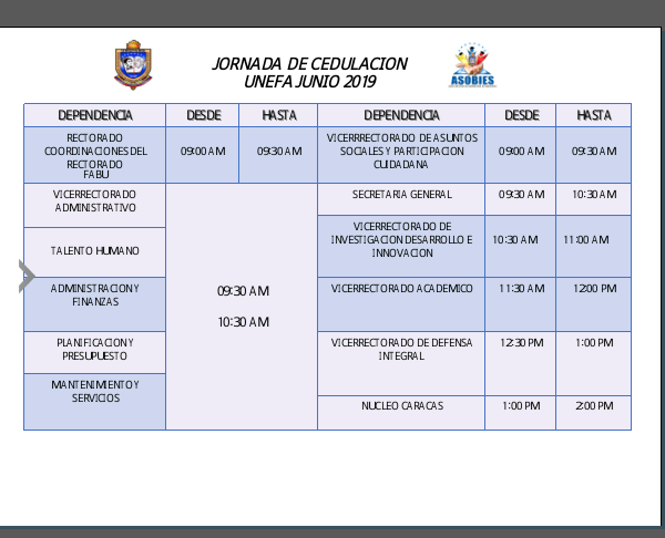 UnefaAsobies's tweet photo. ¡Atención! Cronograma de la Jornada de Cedulación #12Jun para el personal administrativo, obrero y docente. Cabe recordar que dicha jornada se llevará a cabo en el Salón Federico Núñez (ÚNICO REQUISITO) fotocopia de tu cédula. Te esperamos! #Asobies https://t.co/BgNwIxa4b0