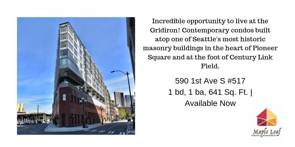 mapleleafmgt's tweet photo. https://t.co/XHYp88lrCF Incredible opportunity to live at the Gridiron! Built on one of Seattle's most historic buildings in the heart of Pioneer Square &amp; at the foot of Century Link Field.  Walkscore of 95 and Transitscore of 100 #mynewhome #mapleleafmgt #seattlepropertymanager https://t.co/oJkLbfzXdQ