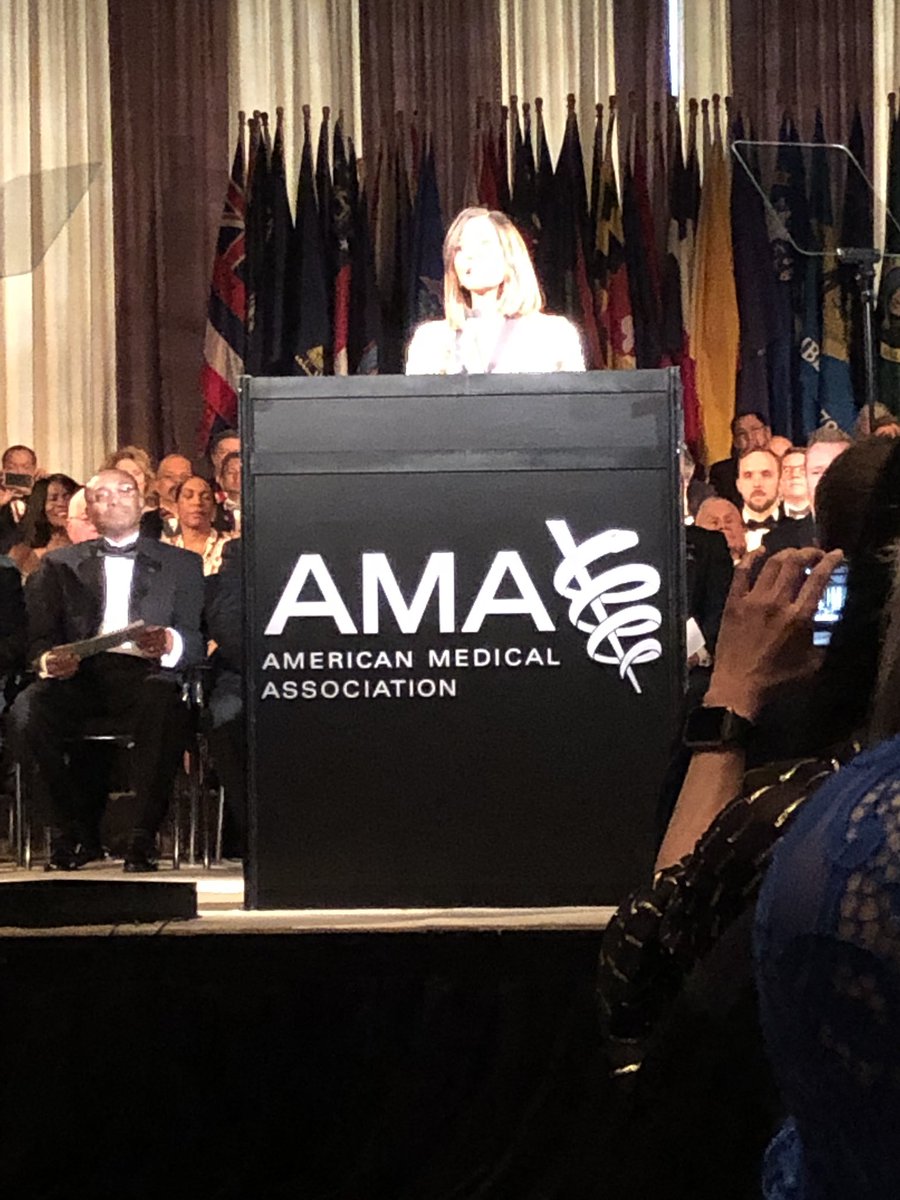 DrAlethaMaybank's tweet photo. “I stand on the shoulders of my ancestors before me.” Watching @AmerMedicalAssn First Black Woman President @PatriceHarrisMD proudly take on her new role. #OurAMA #AMAEquity https://t.co/fbtBy5Lb7x