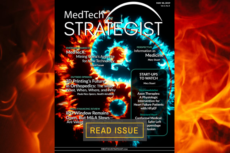 MedTechStrat's tweet photo. Don't miss the latest issue of @MedTechStrat: Vol. 6, No. 8 https://t.co/F6afuQfado 
✅ Information as medicine
✅ #China’s appetite for new tech
✅ The ?’s on 3D printing’s future in #orthopedics
✅ IPO window open; M&amp;A slows
#StartUps2Watch: #AxonTherapies &amp; #ConformalMedical https://t.co/aYBXDdyPhl