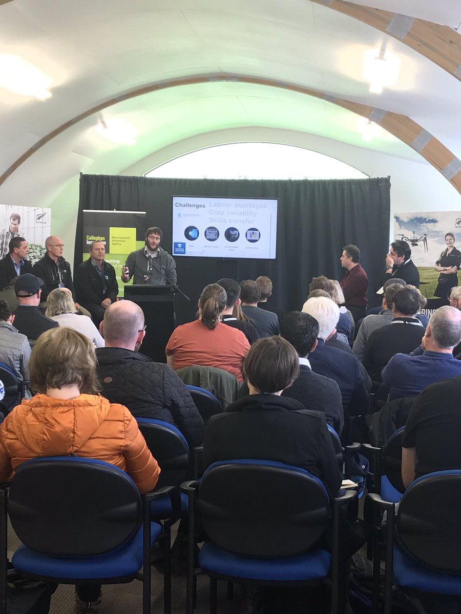 KhanAshkh's tweet photo. Great presentation by a range of companies and researchers on Robotics and Automation in agri here in NZ! Innovation showcase at its best! @LICnz @WaikatoMilking @PastoralRoboti1 @UniServicesTTO @Robotics_Plus @callaghannz https://t.co/O7KHmb9oHo