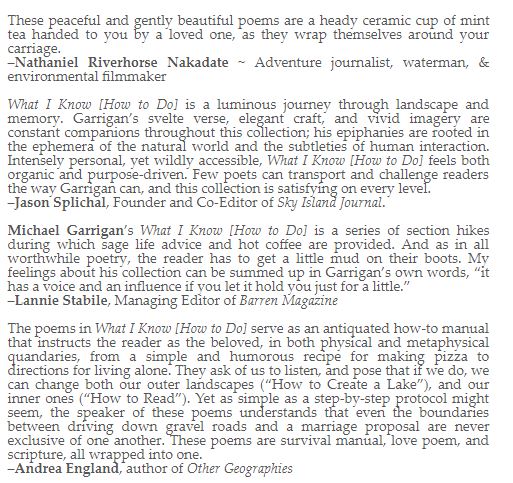 Excited to announce that my first book of poems, What I Know [How to Do], will be released this fall by <a href="/FLPress/">Finishing Line Press</a>.  I'd be honored if you added it to your bookshelf or bent it in half so it fits in your back pocket.  Pre-order - bit.ly/2I7qD3b
#poetry #chapbook