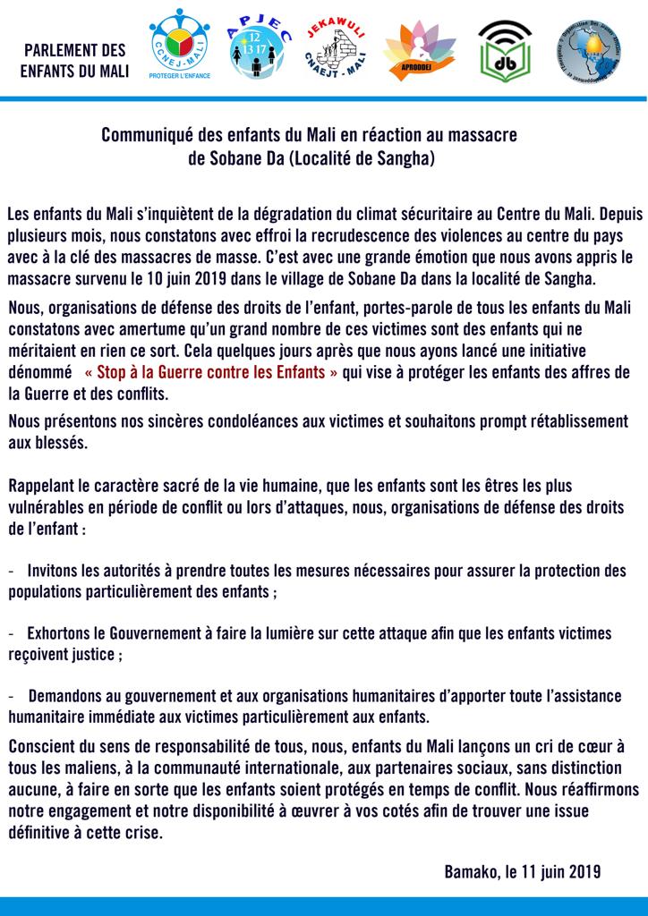 Nous,  Enfants et Jeunes du Mali disont Stop à ces massacres dans le centre du pays et surtout Stop au non respect des droits de l'enfant!!! 
<a href="/Enockoula/">EnockOula</a>
@Childreninmali
<a href="/ojadeafrique/">OJADE AFRIQUE</a>
<a href="/AmbaMaliFrance/">Le Mali en France</a>
<a href="/OCHA_Mali/">OCHA Mali</a> 
<a href="/AmbCanMali/">Canada au Mali et au Niger</a> 
<a href="/PNEMaliOff/">Parlement des Enfants du Mali</a> 
#StoptheWaronChildren 
<a href="/_AfricanUnion/">African Union</a>
