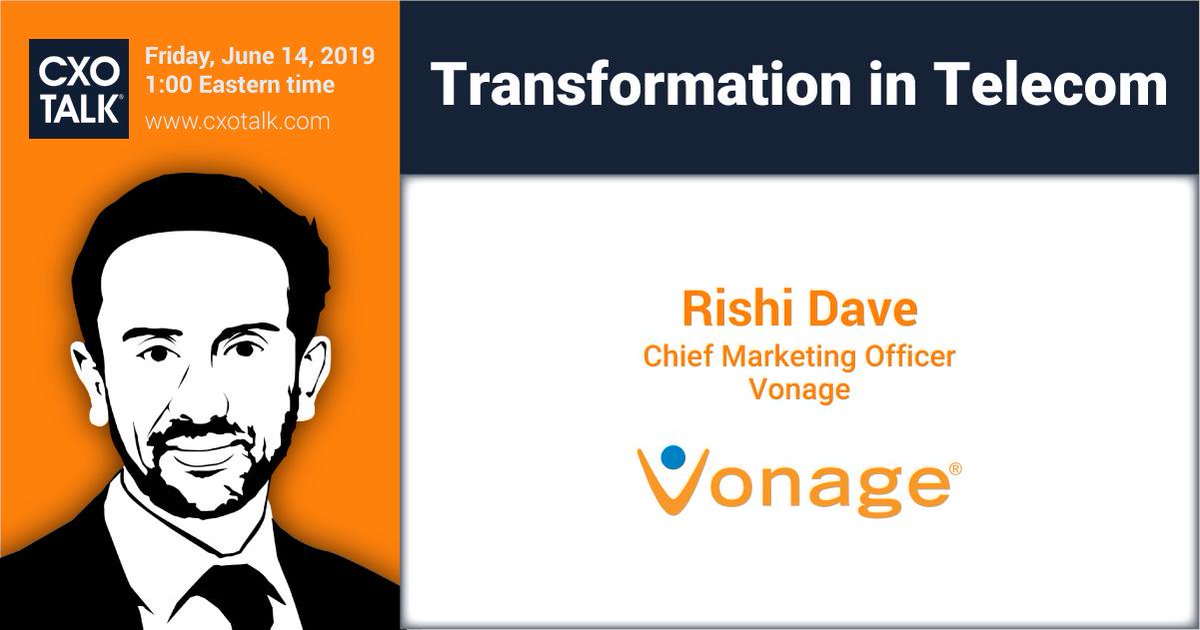 cxotalk's tweet photo. Vonage: Business Transformation
Fri. 14 June, LIVE at 1 pm ET / 10 am PT
#CXOTalk guest is @RishiPDave, #CMO, @Vonage
https://t.co/m7JYO9xhtH
How do you create a credible B2B brand from being a B2C business?
Join us!
#UnifiedCommunications #UC #UCaaS #CPaaS #CCaaS #ccttr https://t.co/LyC564IvZp