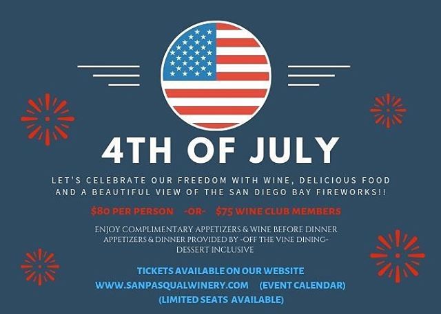 Join us for our 4th of July celebration!!
Wine + Fireworks + Delicious Food = A great time!!! 🇺🇸🍾🥂🍷🎆🎇
We’re excited to have delicious food fare by @offthevinedining 
Follow the link in our BIO to book your reservation today, limited spaces availa… bit.ly/2wTUGF7