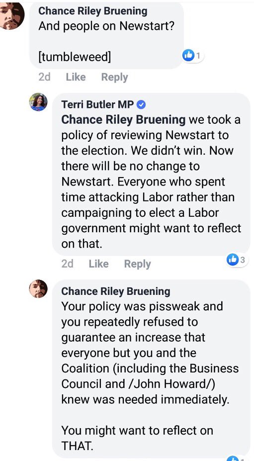 JeremyPoxon's tweet photo. Hi, @terrimbutler, I strongly recommend that you rein in this hostile, dismissive attitude. It's an obvious truth that the ALP failed Newstart recipients. Stop punching down. We didn't fail you - while we were starving, you failed to offer us anything https://t.co/Z8xLAYzmyZ