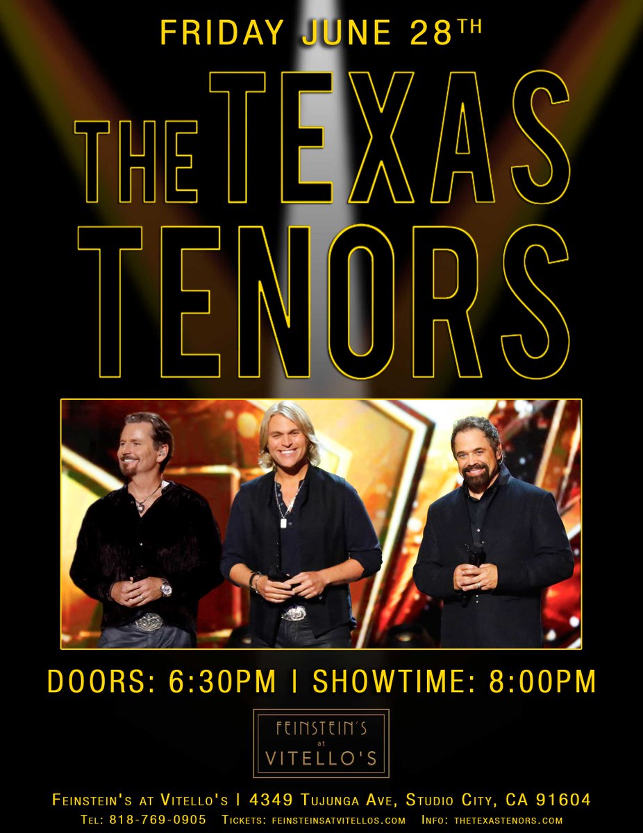 I am so excited to announce that The Texas Tenors recently seen on AGT Champions will be performing at Feinstein's at Vitello's on Friday, June 28!!
This is a one time only performance to catch them in a personal and intimate venue here in Los Angeles!!  #thetexastenors
