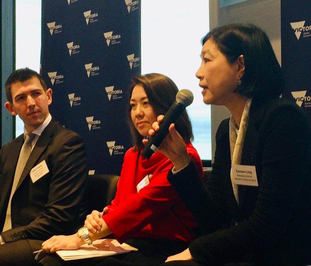 Informative discussion on trade &amp; investment opportunities and insights from senior bankers at the Australia-China Renminbi Forum 2019 (R-L) Carmen Ling, an MD at Standard Chartered Bank , Christy Tang, Head of Market Strategy Asia, NAB &amp; Elliott Clarke, Senior Economist, Westpac