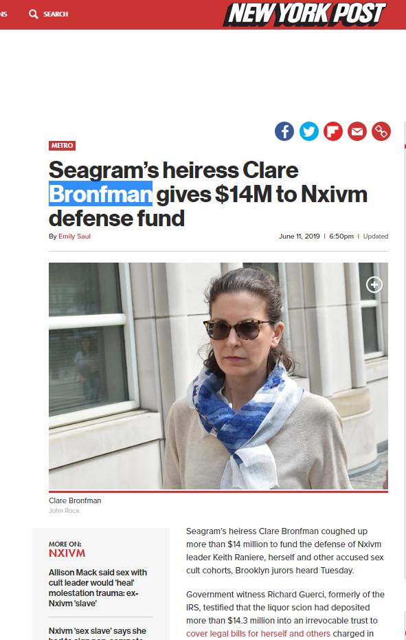 Illuminati Bloodline: Clare Bronfman gives $14M to NXIVM defense fund https://nypost.com/2019/06/11/seagrams-heiress-clare-bronfman-gives-14m-to-nxivm-defense-fund/ @POTUS  #Payseur